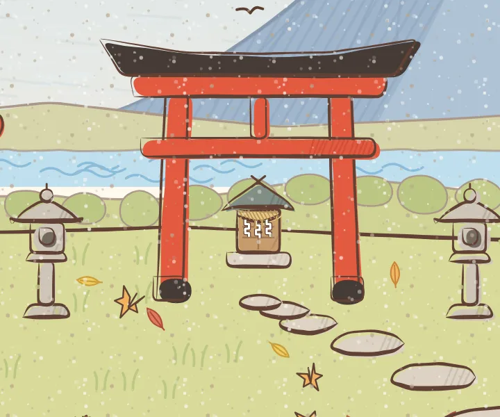 A red torii and a small shrine from the game