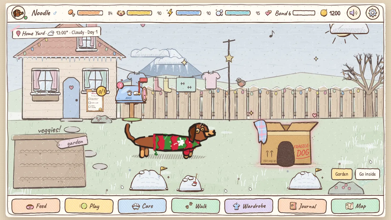 The yard in winter, a crayon dog by its house